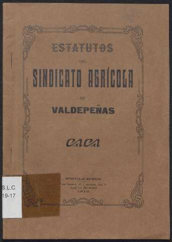 Estatutos del Sindicato Agrícola de Valdepeñas. (1.916?)